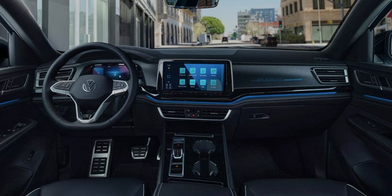 2026 Volkswagen Atlas Cross Sport interior with digital cockpit and 12-inch touchscreen display.